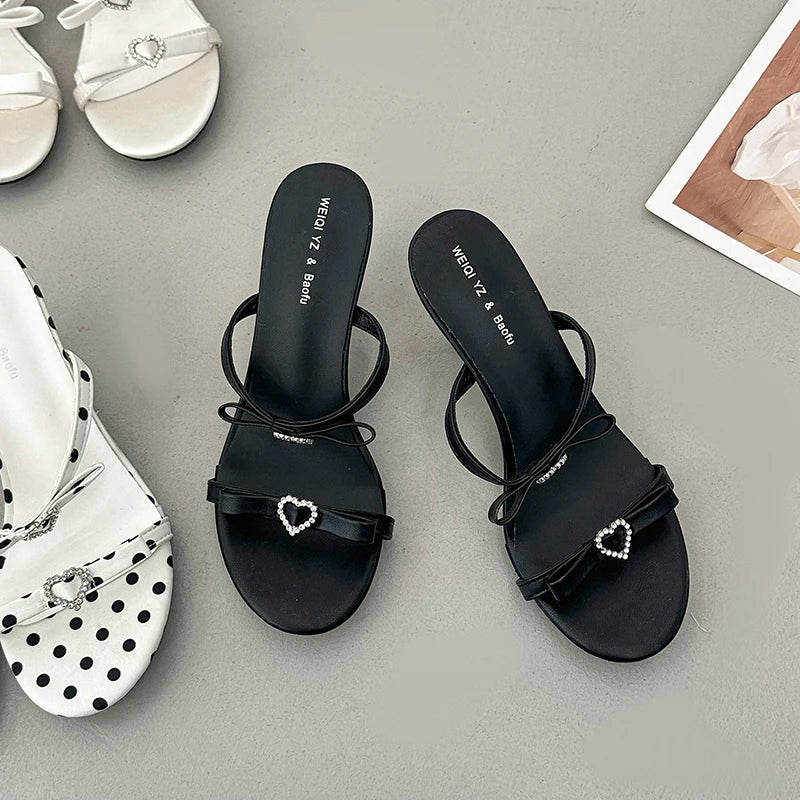 Rhinestone Kitten Heel Slippers – Polka Dot Women's Slides Kitten Heel Slippers Axl Black satin 39