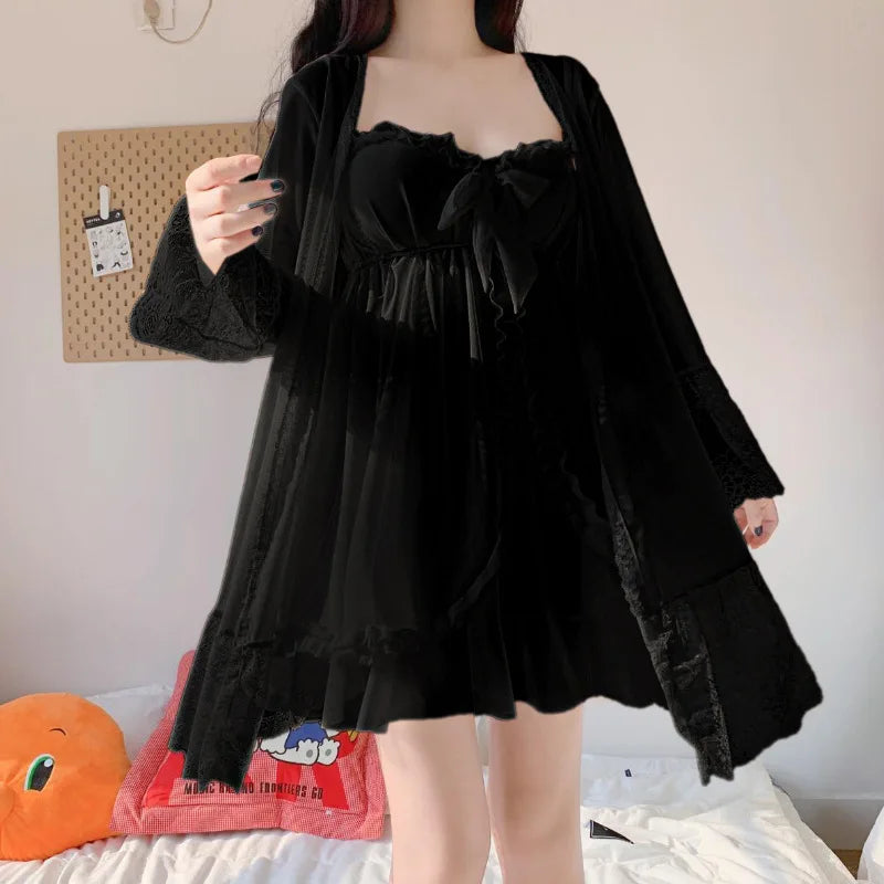 Women's Lace Bow Mesh Nightgown & Robe Set – White Sleepwear Nightgown Robe Set Axl Black suit 4XL
