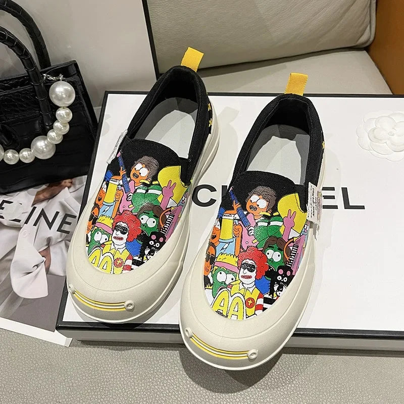 Women Platform Canvas Loafers – Thick Sole Graffiti Sneakers Platform Canvas Loafers Axl