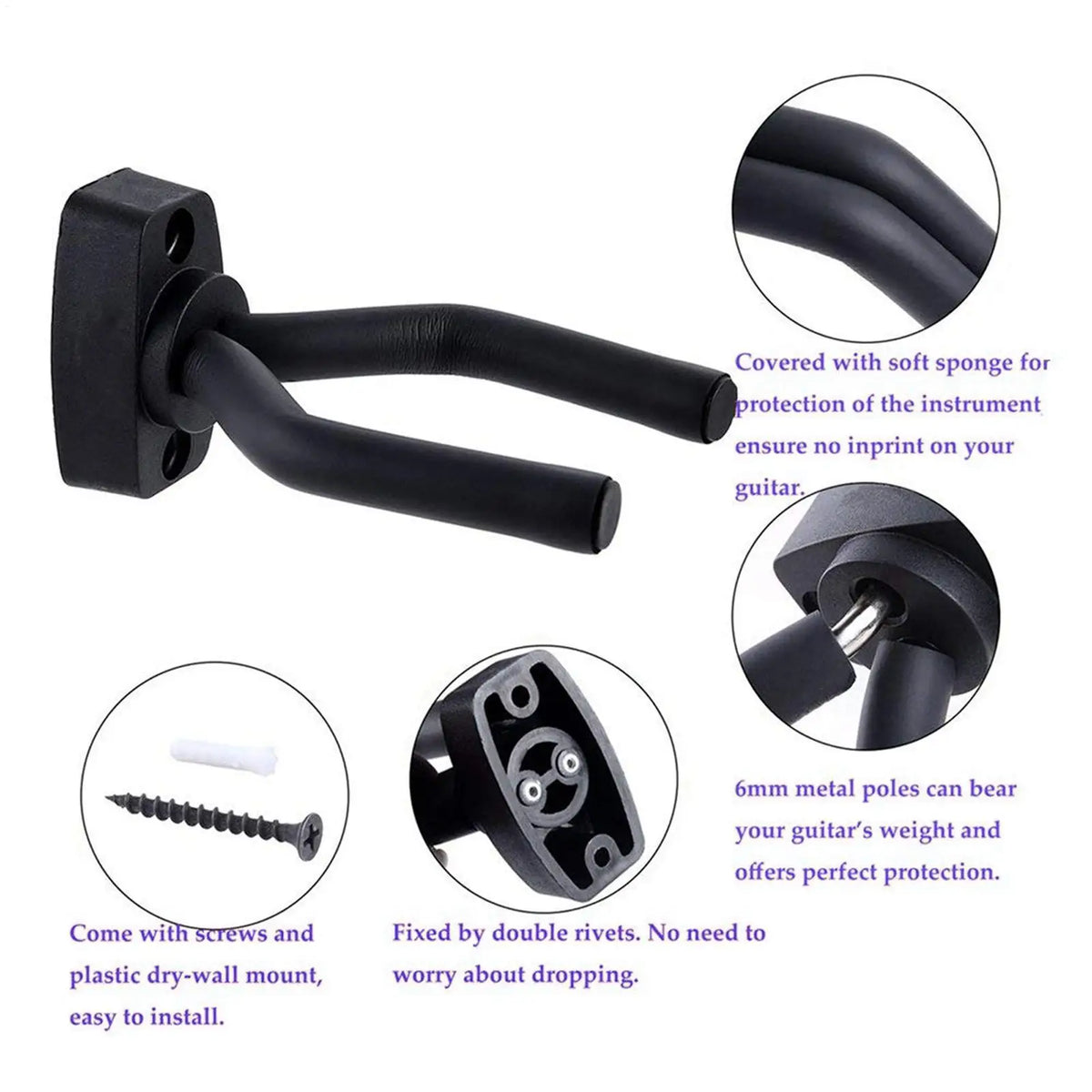 Wall Mount Guitar Hanger Hook – Non-Slip Holder for Guitar & Ukulele Guitar Wall Hanger Axl