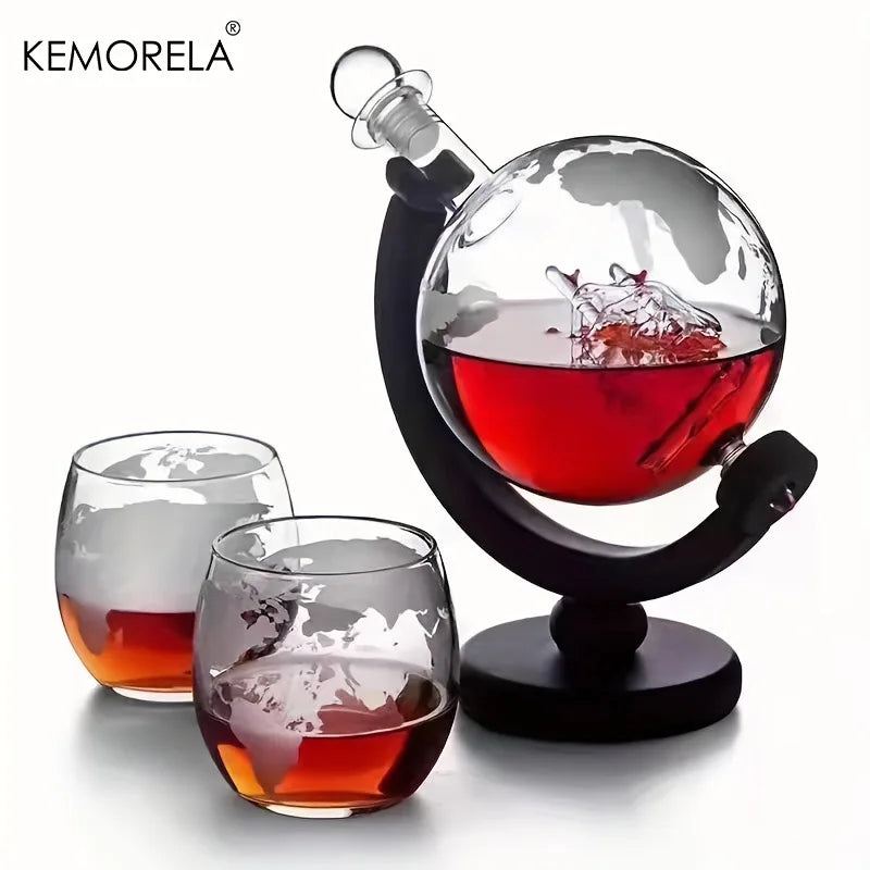 Globe Whiskey Decanter Set 900ml – Wood Stand & 2 Glasses Whiskey Decanter Set Axl