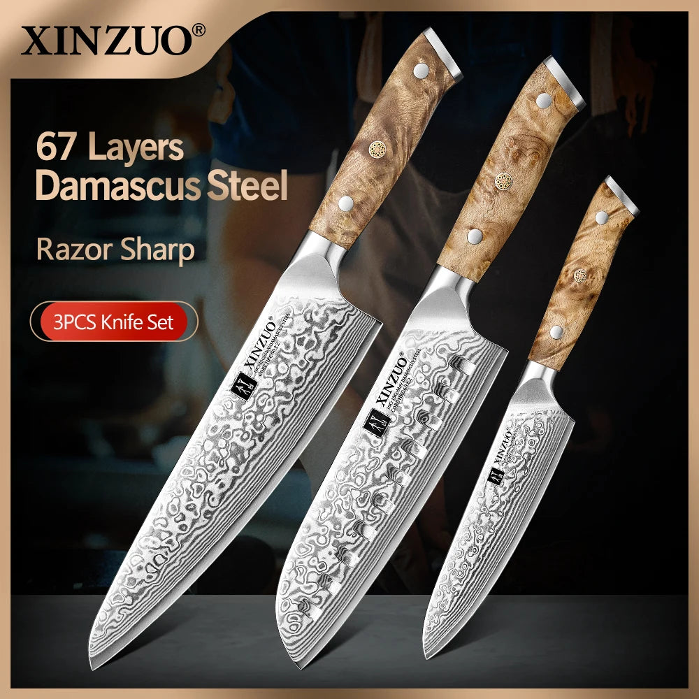 XINZUO 3-Pc Damascus Steel Knife Set – Chef, Santoku & Utility Damascus Knife Set Axl