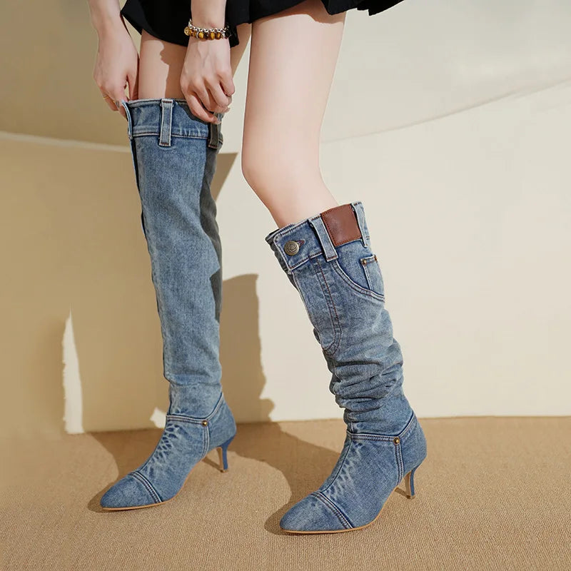 Women's Pointed Toe Knee-High Boots | Retro Slim Heel Slip-On Knee-High Boots Axl
