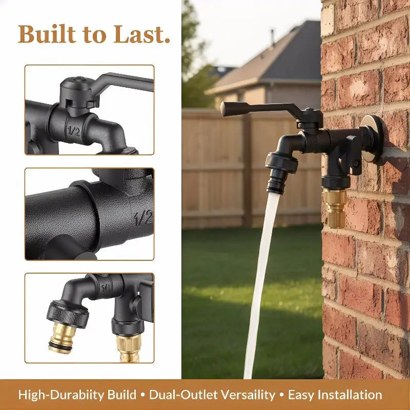 Freeze-Proof 2-Way Garden Faucet – Dual Outlet Zinc Alloy Tap Garden Faucet Axl