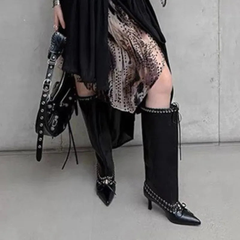 Women's Pointed Toe Square Heel Mid-Calf Boots | Strap Design Women's High Heel Boots Axl