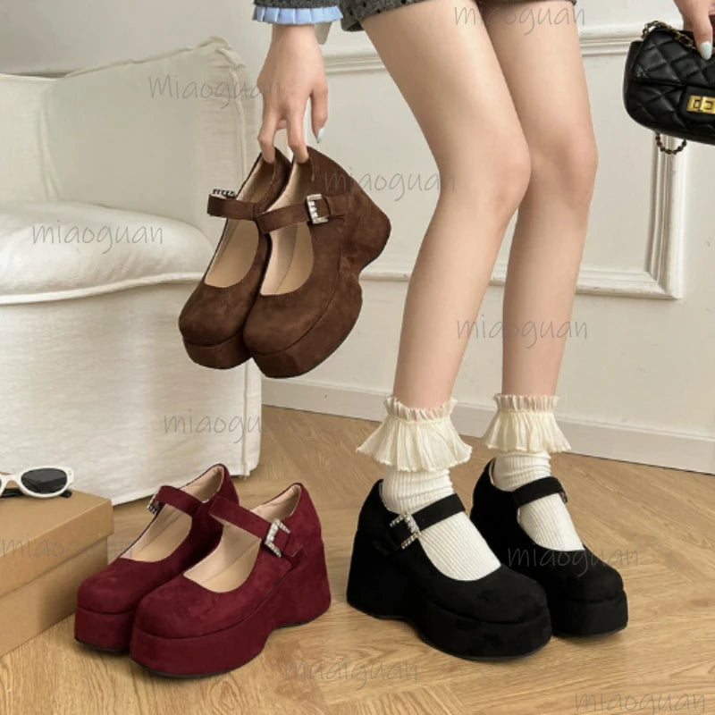 Women's Platform Mary Jane Wedge Pumps | Faux Suede Buckle Wedge Platform Pumps Axl
