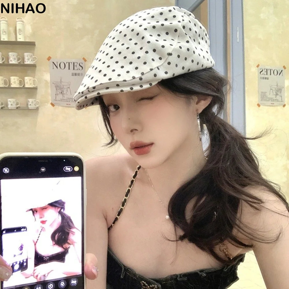 Y2K Polka Dot Beret Hat – Adjustable Vintage Peaked Cap Beret Hat Axl
