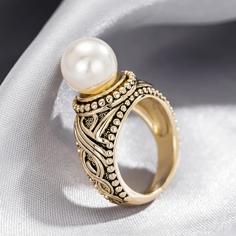 Huitan Antique Gold Imitation Pearl Ring – Vintage Women's Ring Fashion Ring Axl