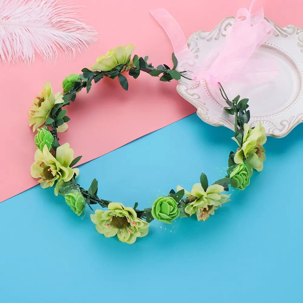 Floral Rose Crown Headband – Adjustable Ribbon Bridal Halo Floral Crown Headband Axl