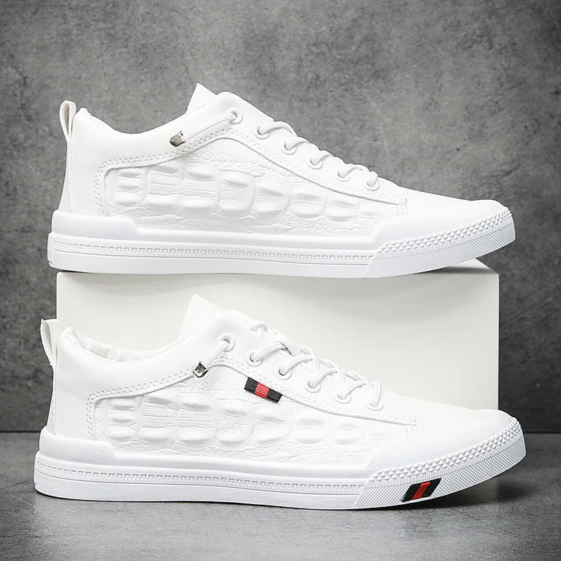 Men's White Vulcanized Casual Flat Sneakers | Lace-Up Board Shoes Men's Casual Sneakers Axl