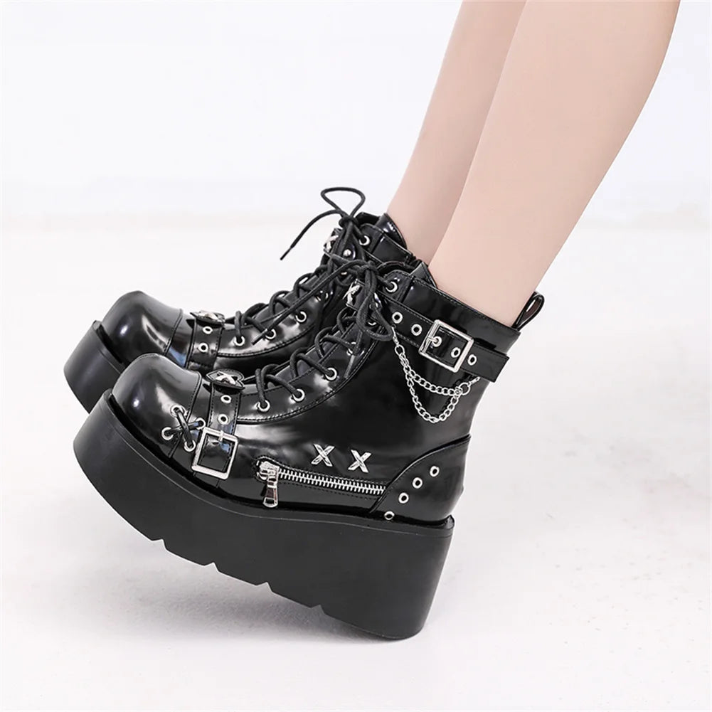 Women's Goth Platform Ankle Boots – Punk Wedge Buckle Zip Heels Platform Ankle Boots Axl