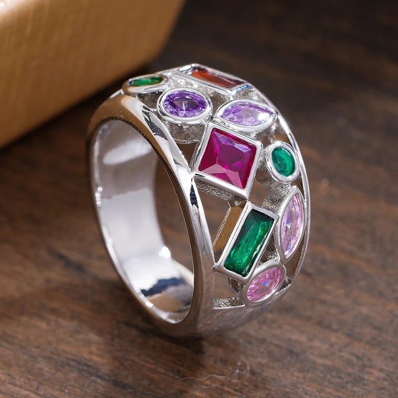 Huitan Rainbow CZ Wide Band Ring – Bohemian Women's Jewelry Fashion Ring Axl