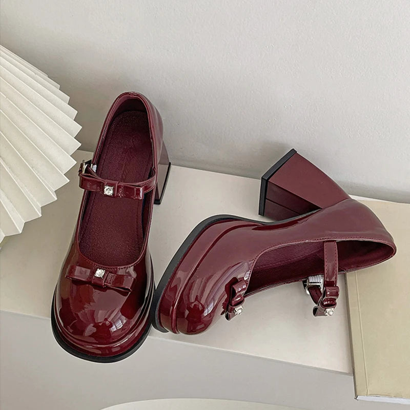 Women's Mary Jane Pumps – Butterfly-Knot Thick Block Heel Mary Jane Pumps Axl wine red 36