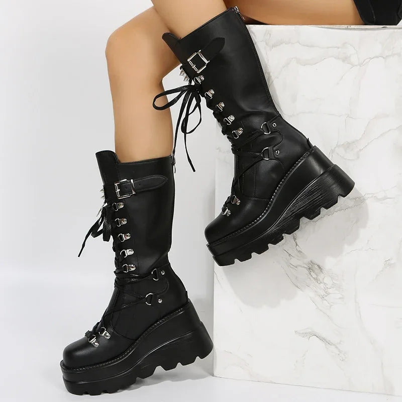 Women's Goth Platform Boots – Punk Rivet Wedge Mid-Calf Combat Platform Combat Boots Axl