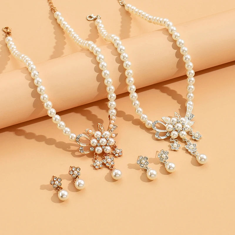 Women's Faux Pearl Rhinestone Flower Necklace & Earring Set Jewelry Set Axl