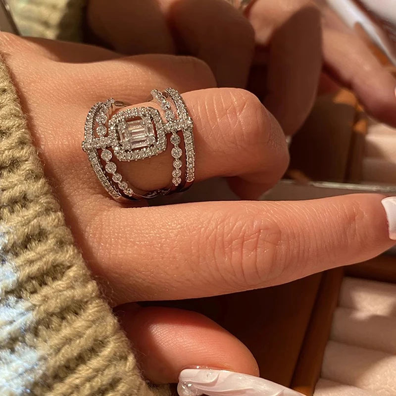 Huitan Wide CZ Cocktail Ring | Women's Silver Pave Statement Ring CZ Cocktail Ring Axl