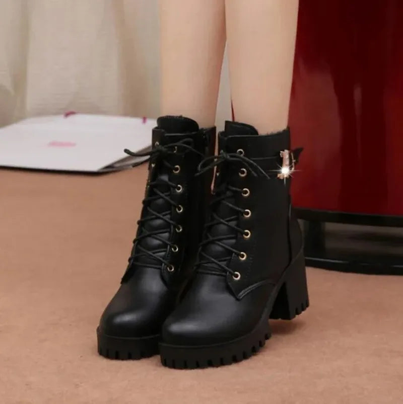 Women's Waterproof Lace-Up Ankle Boots | Platform Square Heel Women's Ankle Boots Axl