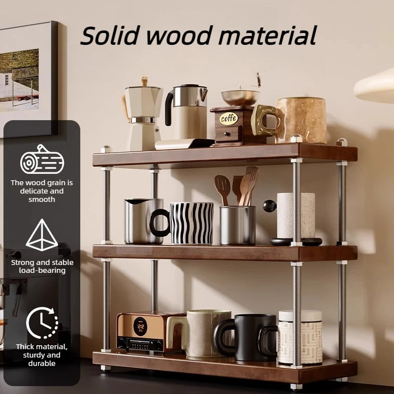 Solid Wood 3-Tier Adjustable Cup & Storage Rack Organizer Wood Storage Rack Axl
