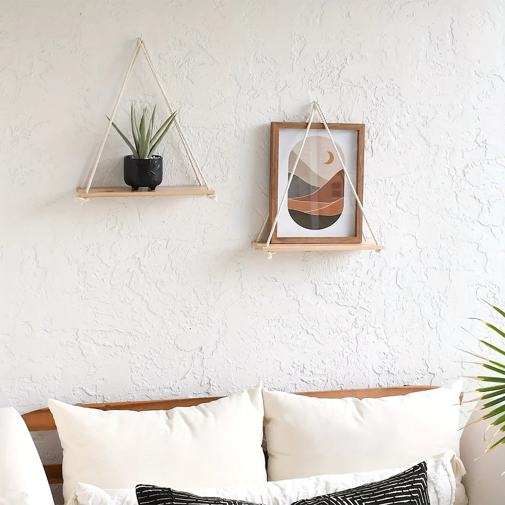 Boho 2-Piece Floating Wood Wall Shelves for Plants & Decor Floating Wall Shelves Axl
