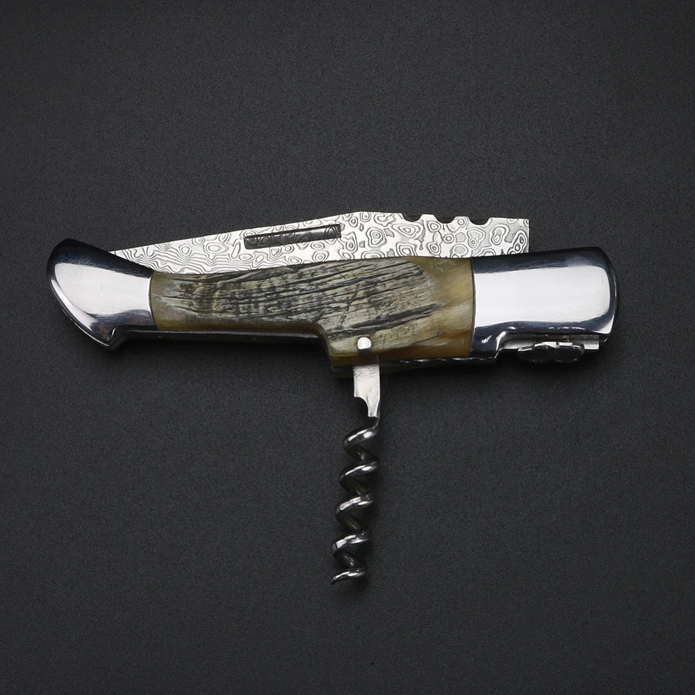 Damascus Steel Folding Knife – Sheep Horn Handle | XUAN FENG Damascus Folding Knife Axl