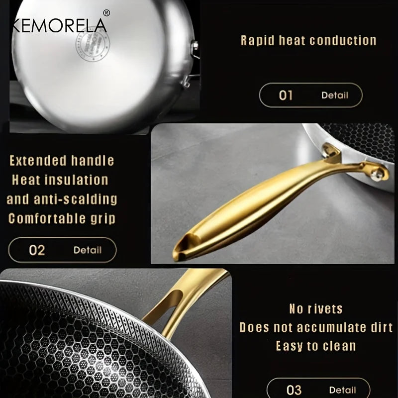 KEMORELA 316 Stainless Steel Honeycomb Non-Stick Wok Frying Pan Stainless Steel Frying Pan Axl