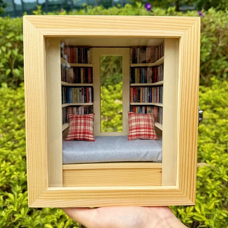 DIY Mini Library Book Nook Kit – Wooden Micro Landscape Shelf DIY Model Kit Axl