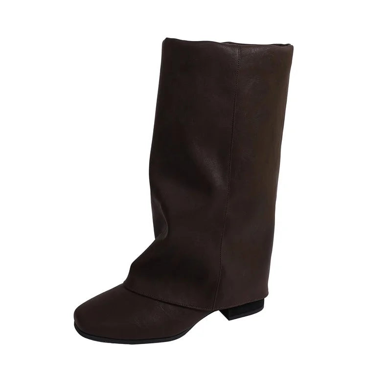 Women's Vintage Square Toe Mid-Calf Boots | Block Heel Slip-On Women's Mid-Calf Boots Axl 39 Brown