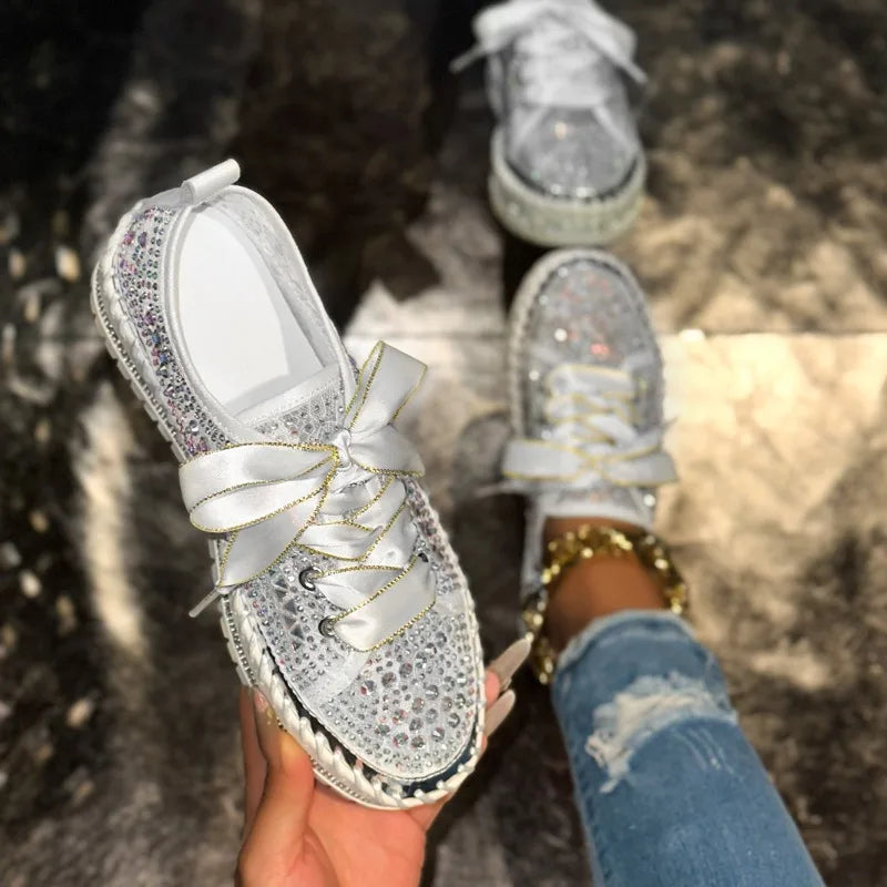 Women's Rhinestone Flat Sneakers – Luxury Casual Trainers Flat Sneakers Axl