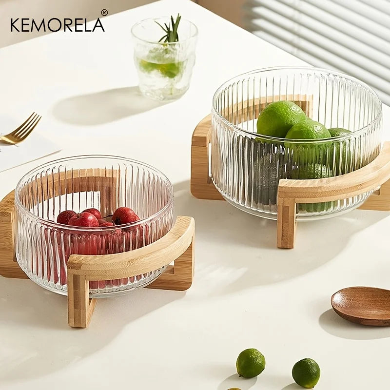 KEMORELA Striped Glass Bowl with Wooden Stand | Salad & Fruit Glass Serving Bowl Axl