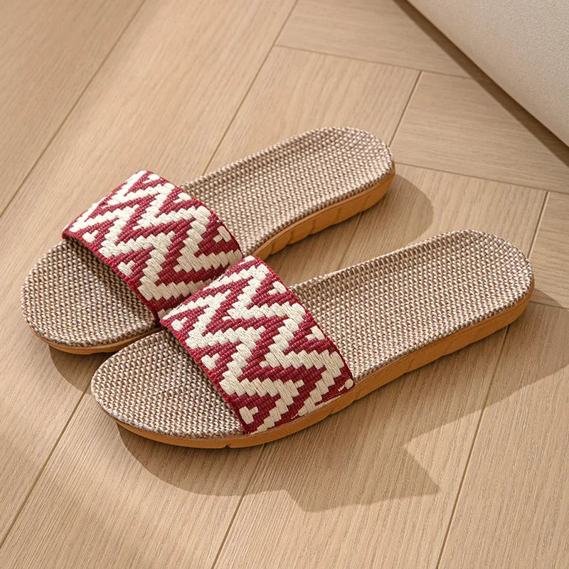 Women's Linen Indoor Slippers – Anti-Slip Thick Sole House Slides Indoor House Slippers Axl wine red 44-45