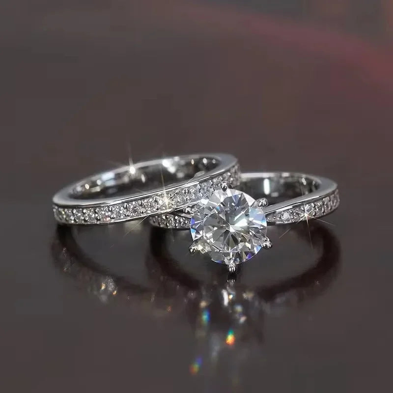 Huitan 6-Claw Cubic Zirconia Wedding Ring Set for Women 2 Pcs Bridal Ring Set Axl
