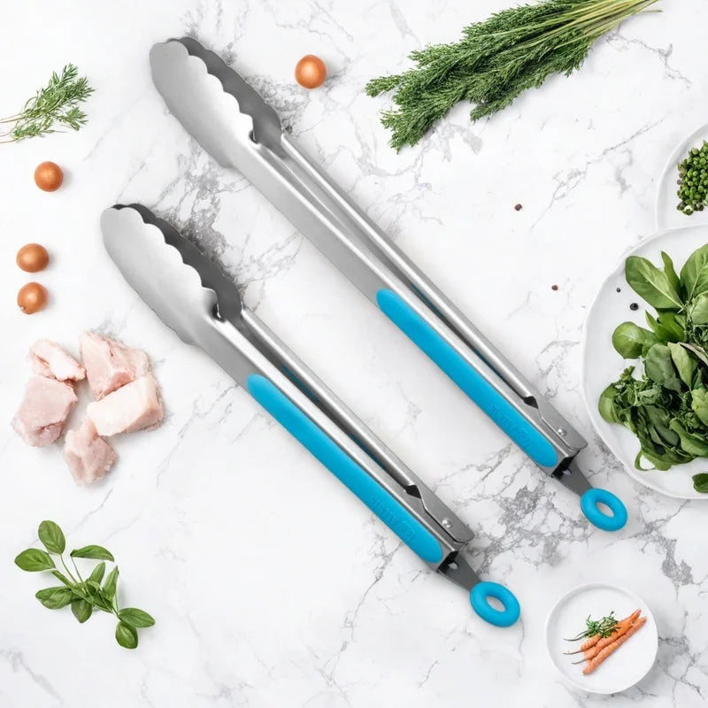 Stainless Steel Silicone Food Tongs 9 & 12 Inch – Set of 2 Kitchen Food Tongs Axl