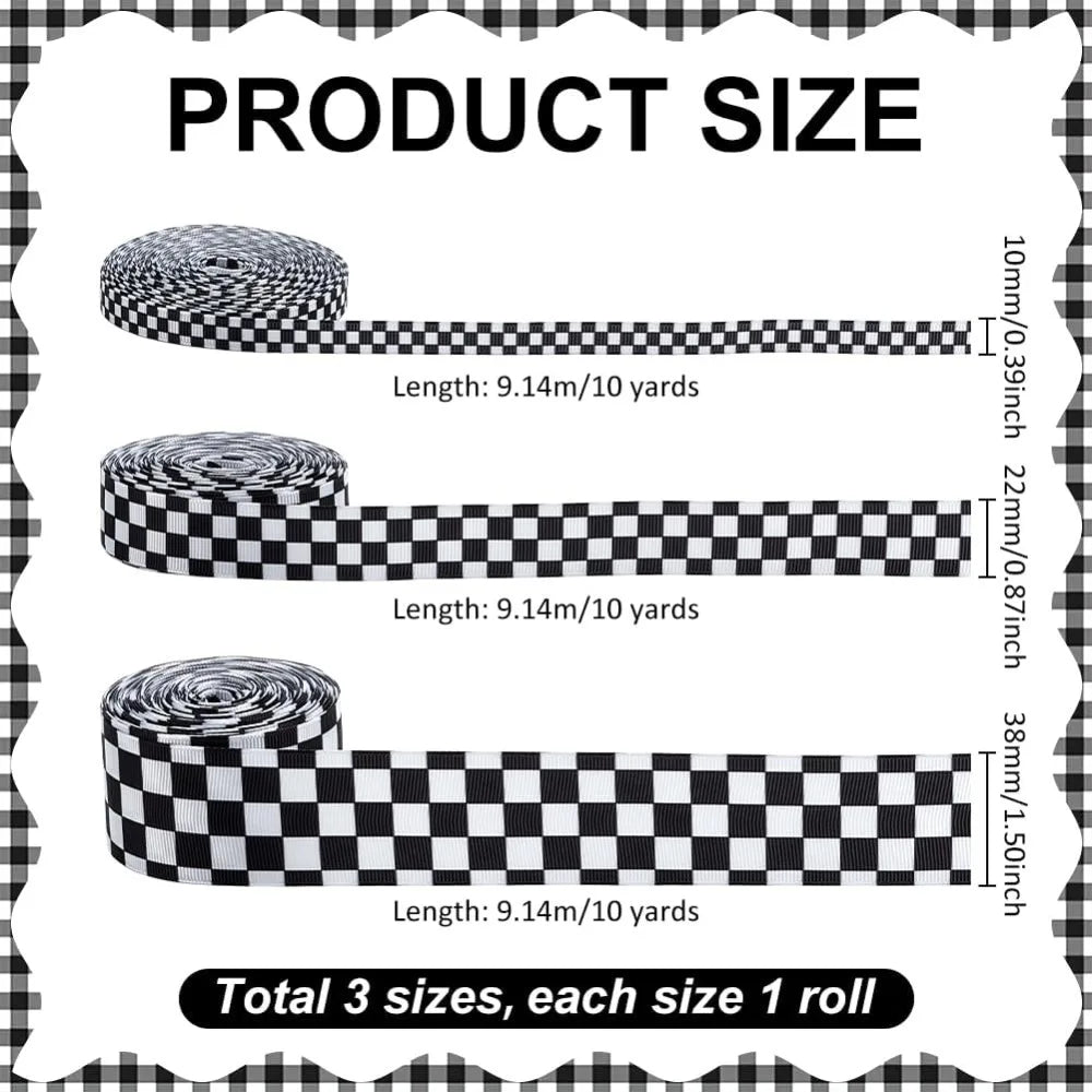 Black Tartan Polyester Ribbon Set – 3 Widths, 10 Yards Each Craft Ribbon Set Axl