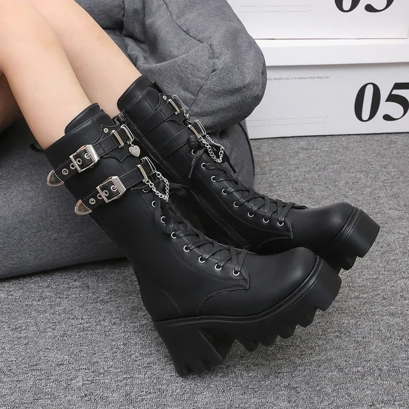 Women's Punk Platform Mid-Calf Boots | Chunky Wedge Moto Boot Platform Moto Boots Axl