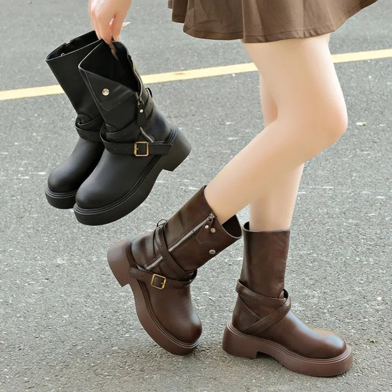 Women's Retro Mid-Calf Boots – Buckle Strap Round Toe Women's Mid-Calf Boots Axl