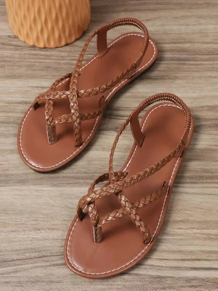 Women's Woven Hollow Flat Sandals – Clip Toe Beach Slides Women's Flat Sandals Axl Light Brown 36