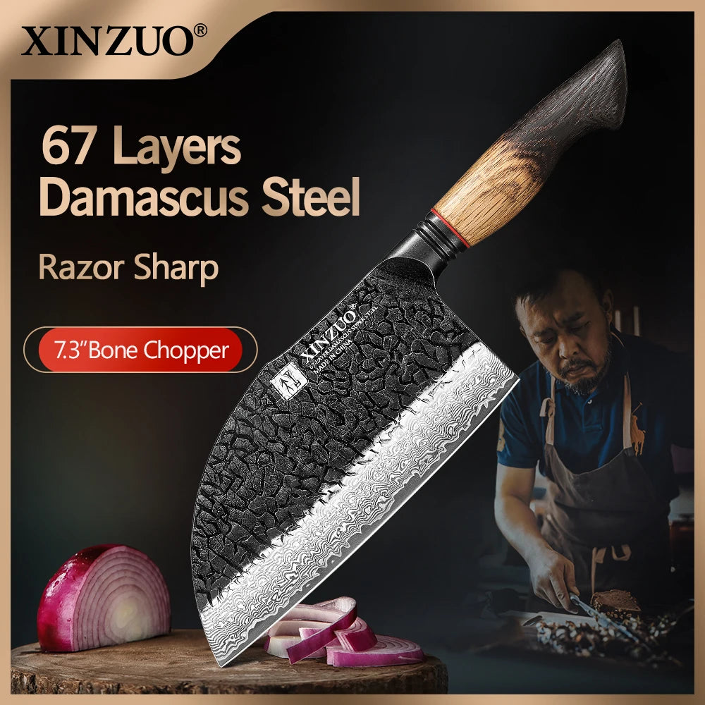 XINZUO 7.28" 67-Layer Damascus Bone Chopper – Oak & G10 Handle Damascus Bone Chopper Axl China Mainland 7 inch