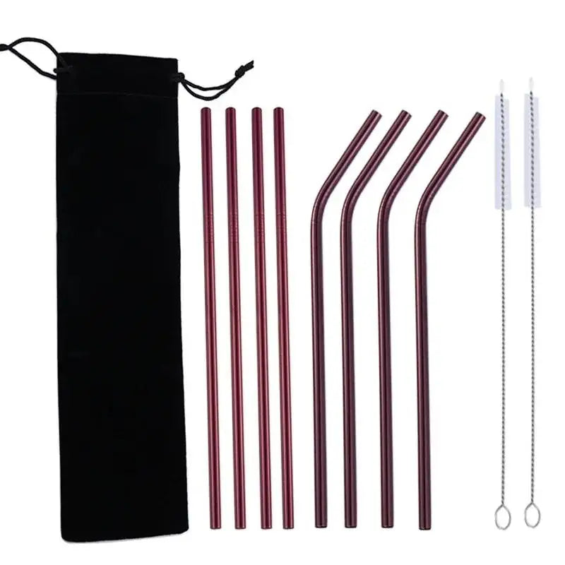 10-Piece Reusable Stainless Steel Straws Set with Cleaning Brush Reusable Straw Set Axl purple