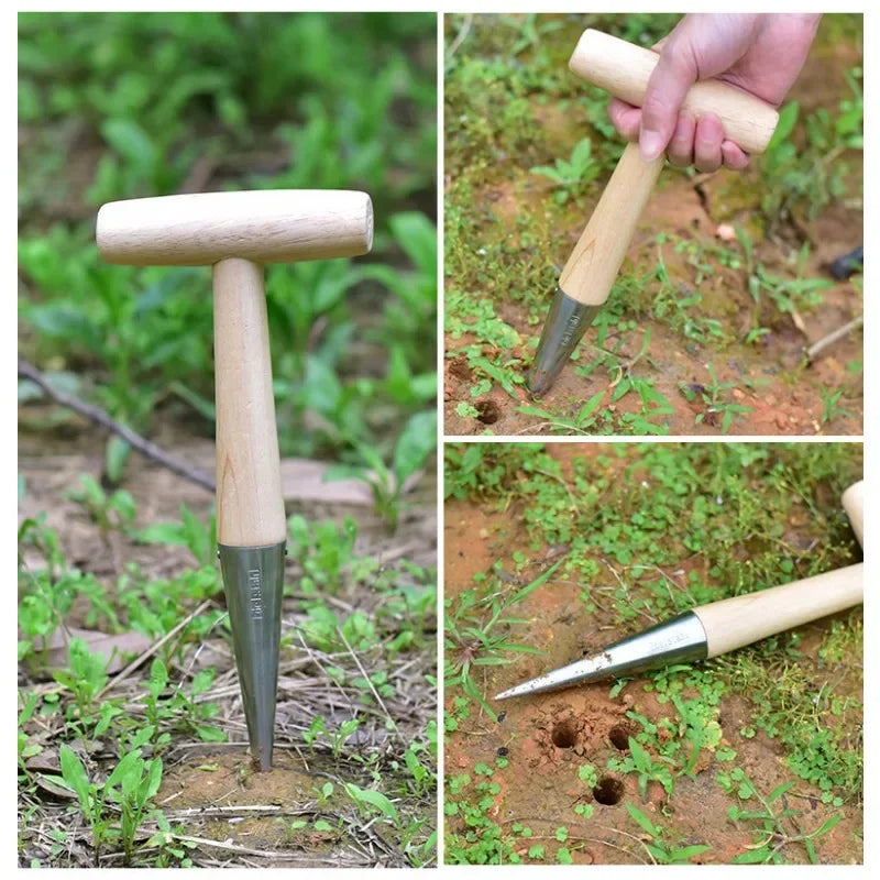 Wood Handle Seedling Planter & Hole Drill Garden Tool Seedling Planting Tool Axl
