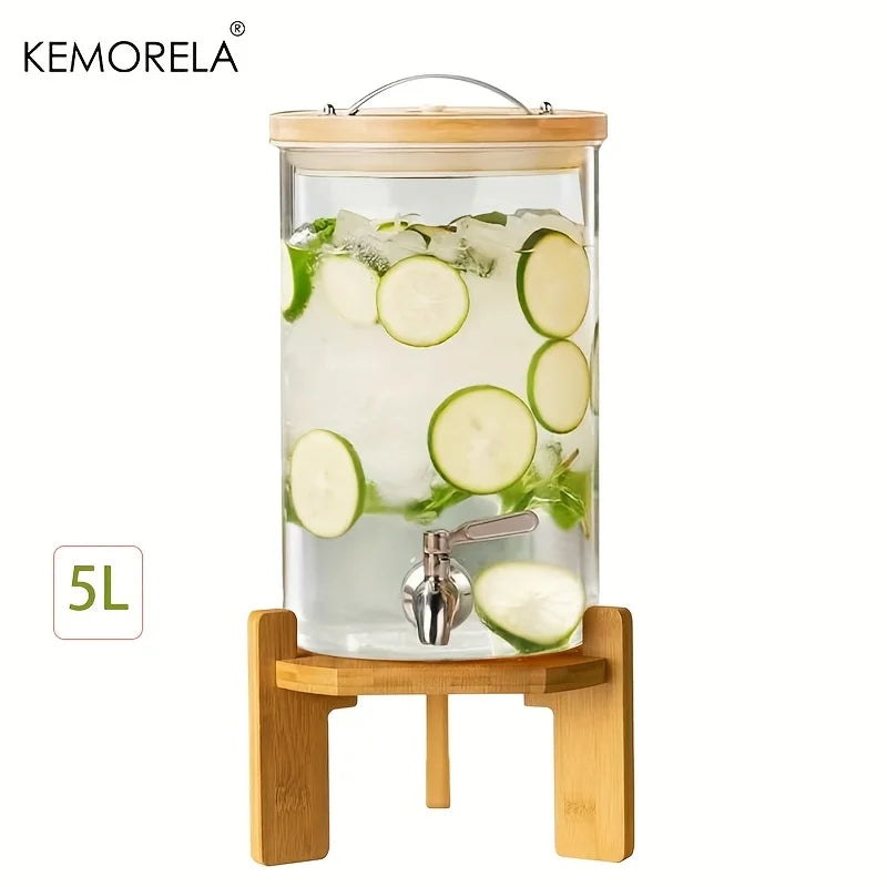 5L Glass Beverage Dispenser with Wood Stand & Spigot | KEMORELA Beverage Dispenser Axl