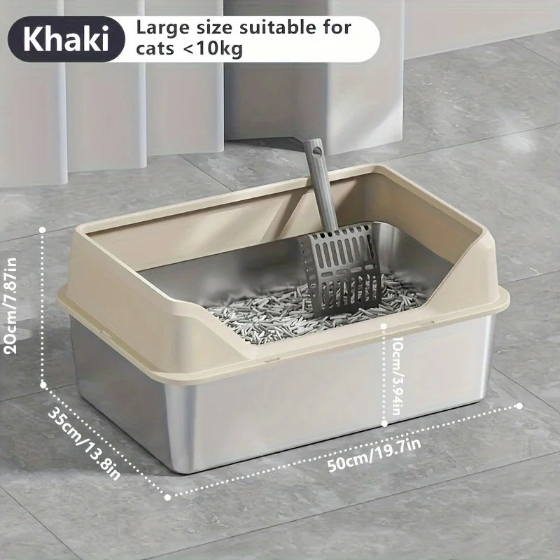 KEMORELA XL Stainless Steel Cat Litter Box with Lid & Scoop Cat Litter Box Axl Khaki 50cm