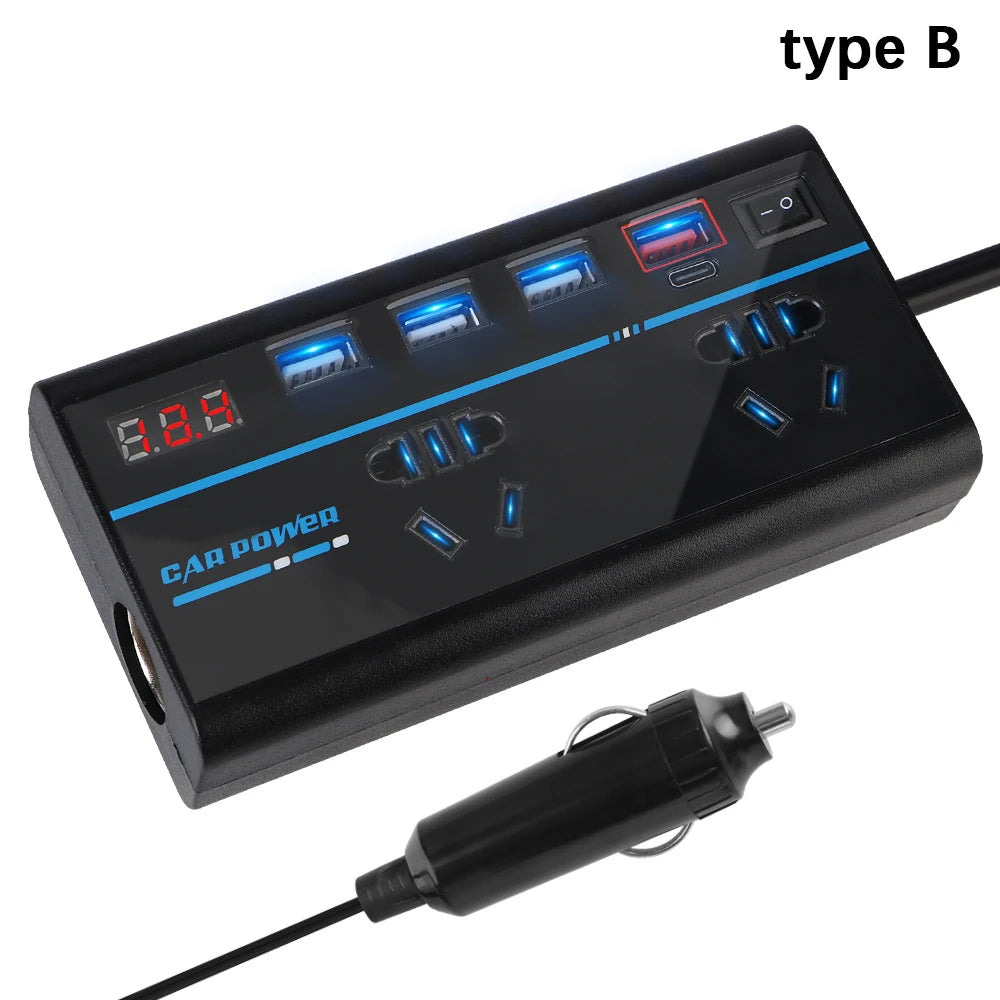 200W Car Power Inverter DC 12V/24V to AC 110V/220V 8-Port Car Power Inverter Axl ABS B