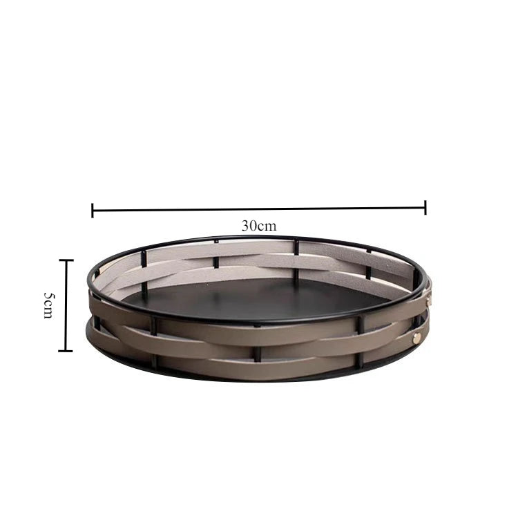 Light Luxury Metal & Leather Storage Tray | Modern Home Décor Decorative Storage Tray Axl Round-Grey