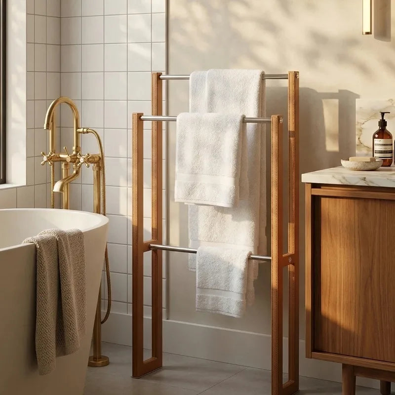 Luxury 3-Layer Freestanding Towel Rack – Leather & Steel Freestanding Towel Rack Axl