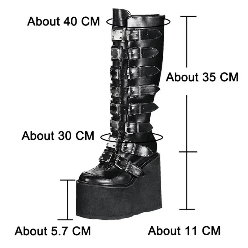 Women's Gothic Platform Wedge Mid-Calf Boots | Buckle Strap Platform Wedge Boots Axl