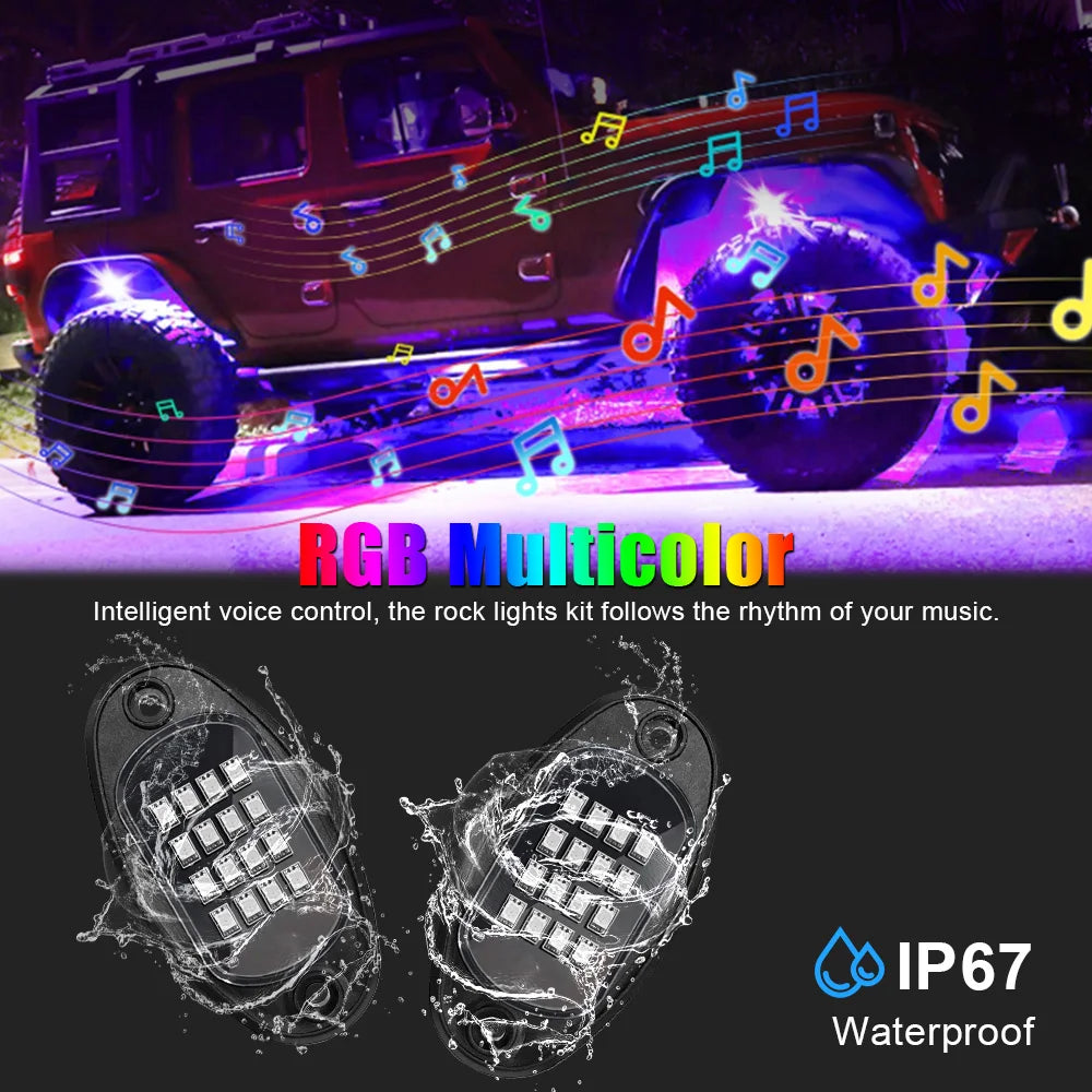 RGB LED Rock Lights Bluetooth APP Music Sync | 4/6/8 Pod Kit LED Rock Light Kit Axl