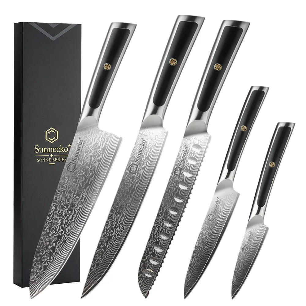 Sunnecko Damascus Steel Chef Knife – 67-Layer VG10 Japanese Damascus Kitchen Knife Axl 5PCS Knives Set China Mainland
