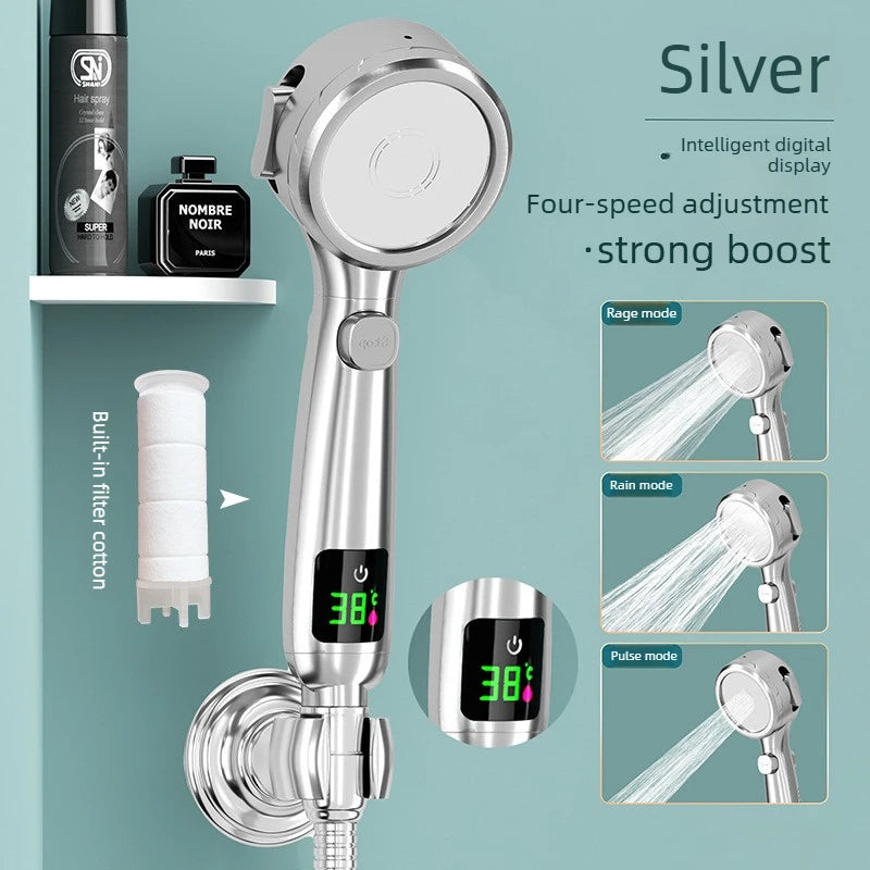 LED Digital Temperature Handheld Showerhead – 4 Spray Modes Handheld Showerhead Axl sliver-1pcs