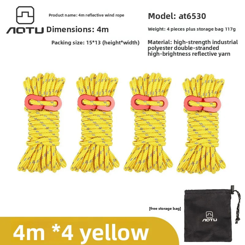 Reflective Tent Guy Lines 4mm – 4×4M Camping Tarp Ropes Set Tent Guy Lines Axl Yellow 4Stripx4Rice
