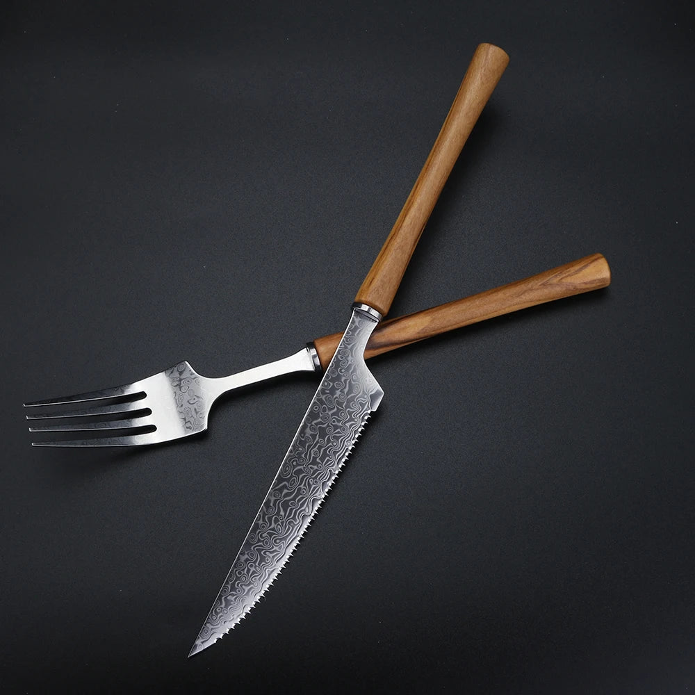 Damascus Stainless Steel Steak Knife & Fork Set | Western Cutlery Steak Cutlery Set Axl